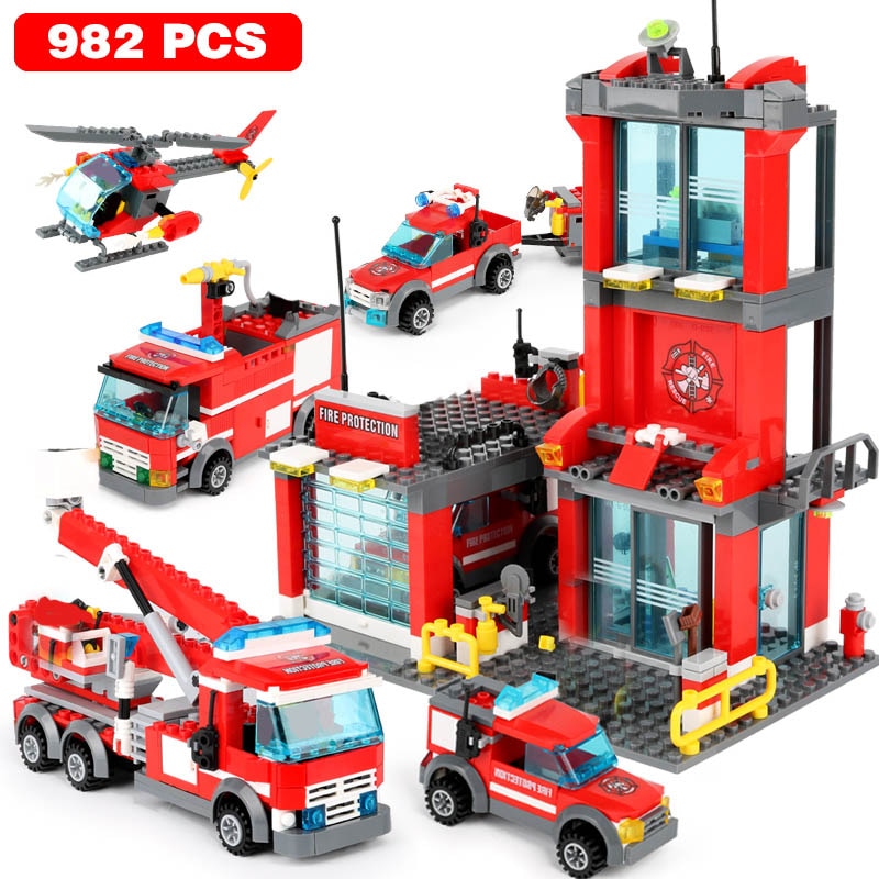 City Fire Station Building Blocks Mini Size Fire Engine Truck Blocks Firefighting Aircraft Helicopter Bricks Sets Toys For Kids