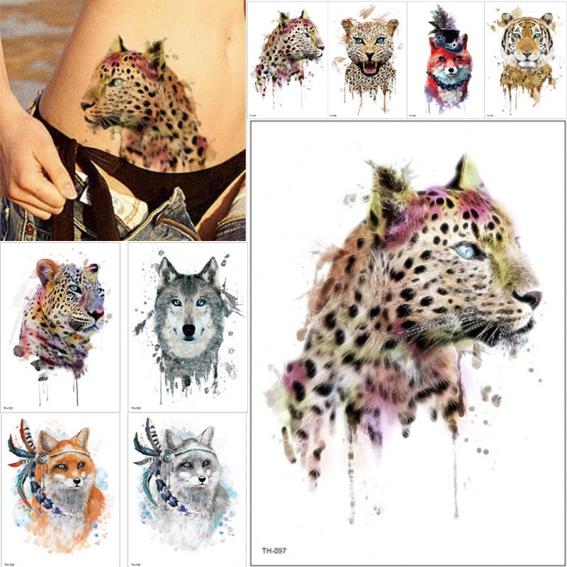 21*15cm NEW Temporary Tattoo Sticker cute leopard wolf tiger animals pattern Waterproof body art fake tattoo women men DIY paint