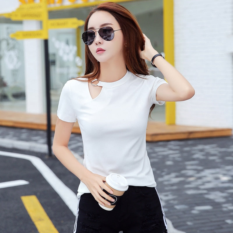 2022Summer Fashion Women T Shirt Hollow Solid Color O-neck Short Sleeved Short Shirt Women Casual Tops Clothing Korean Style