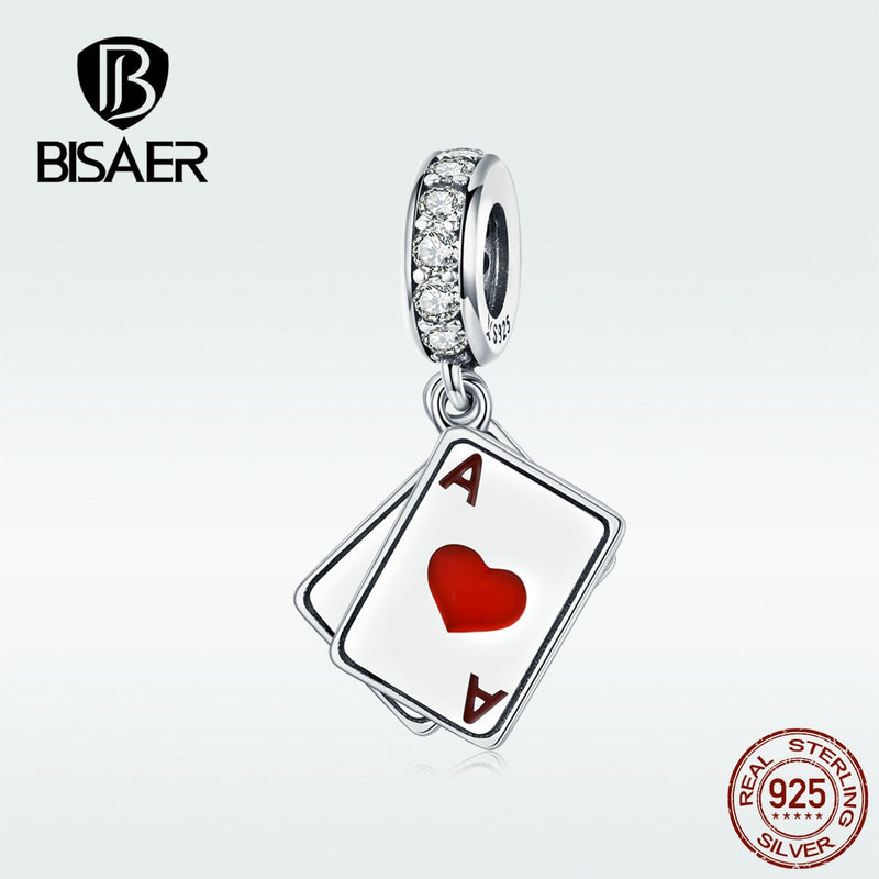 BISAER Poker Love Pendant 925 Sterling Silver Ace In Poker Love Charms Beads Fit For Bracelets Necklaces DIY Jewelry ECC1172