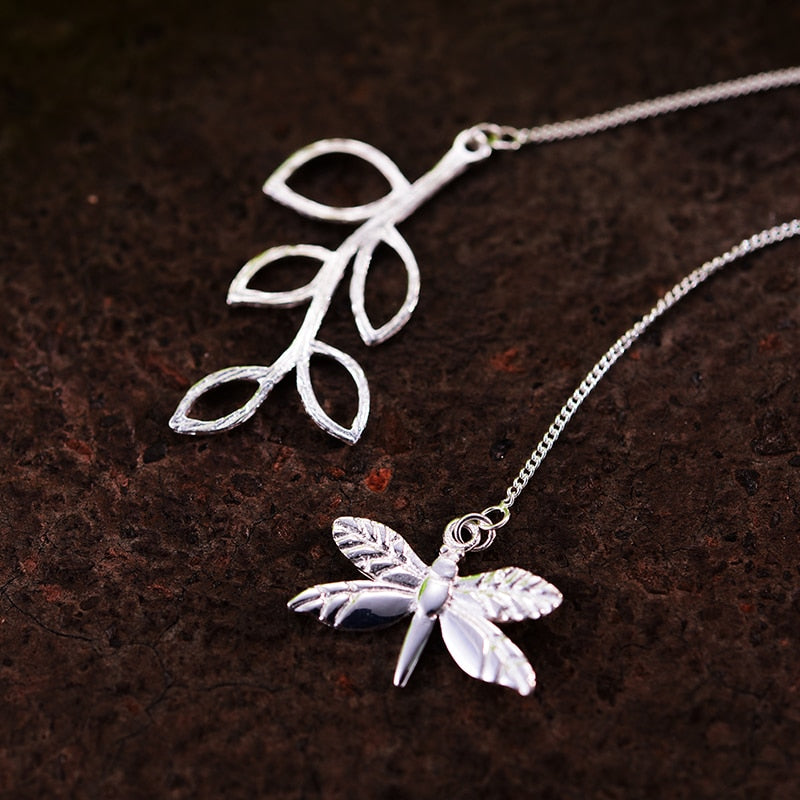 Lotus Fun Real 925 Sterling Silber Handmade Fine Jewelry Cute Libellenblätter Halskette mit Anhänger Mode für Damen Collier