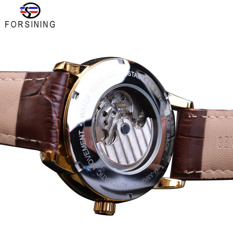 Forsining Moon Phase Automatic Watch Royal Men Golden Waterproof Mechanical Wristwatch Casual Genuine Leather Tourbillon Clock