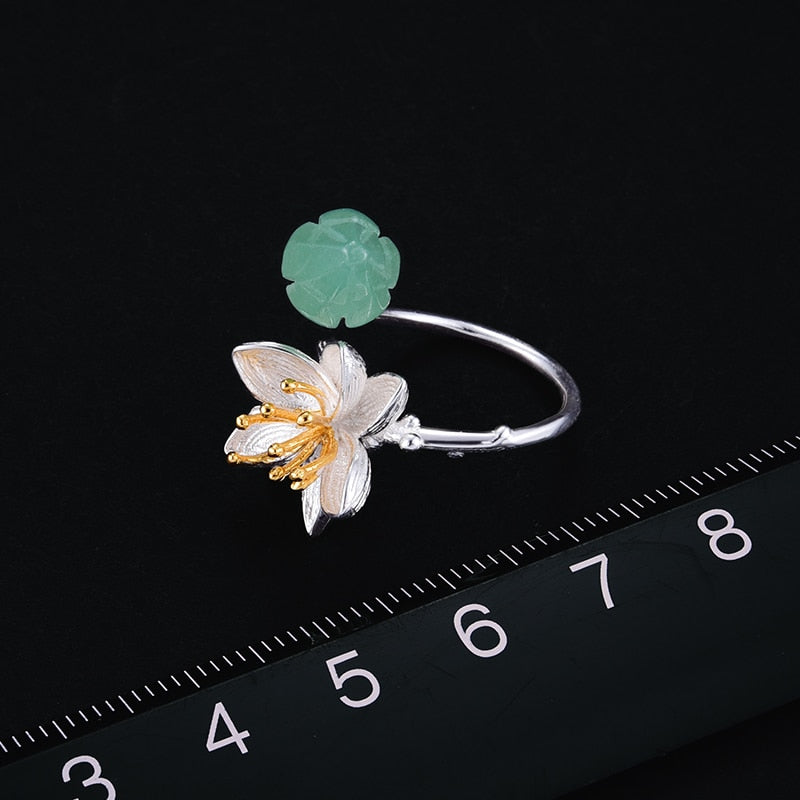 Lotus Fun Ring aus echtem 925er Sterlingsilber mit natürlichen Aventurin-Edelsteinen, Blumenring, feiner Schmuck, Lotus-Flüsterringe für Frauen, Bijoux