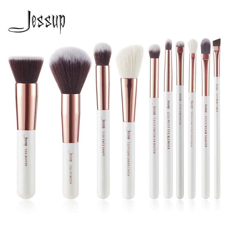Juego de brochas de maquillaje Jessup blanco perla/oro rosa, kit de herramientas de brochas de maquillaje profesional, tampón de polvo para base, sombreador de mejillas