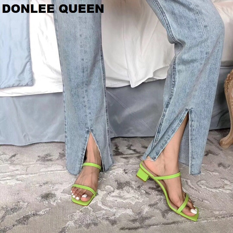 2022 New Summer Slippers Low Heels Slides Female Peep Toe Square Heel Slipper Brand Sandals Women Slipper Big Size 41 Flip Flops