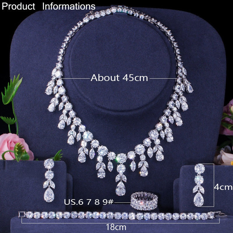 CWWZircons Dangle Drop Dubai Zircon Necklace Earrings Bracelet and Rings Bridal Jewelry Set Women Wedding Dress Accessories T342