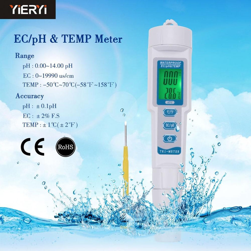 Three-in-one PH-983 EC/PH&TEM Water Quality Tester Pen Backlight Digital Ph Meter&Probe for Aquarium, Swimming Pool, Laboratory