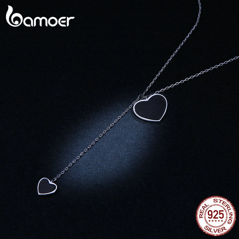 Bamoer, collar con colgante de corazón negro doble de Plata de Ley 925 para mujer, collar de cadena en forma de Y de esmalte negro Simple BSN095