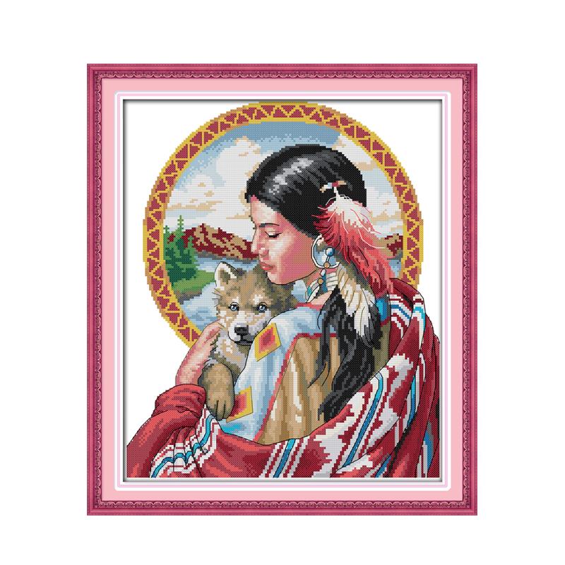 Joy Sunday Indian Maiden and Little Wolf 11CT 14CT Multi Size Embroidery Stitch Kit Material Needlework Ornaments Paintings