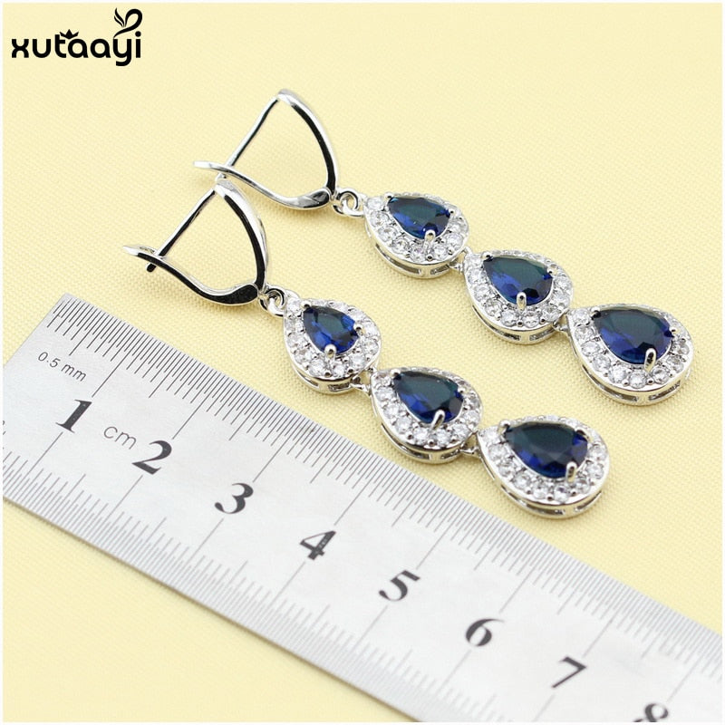 XUTAAYI, conjuntos de joyería de plata de alta calidad, collar/anillos/pendientes/pulsera impecables de zafiro creados en azul para mujer