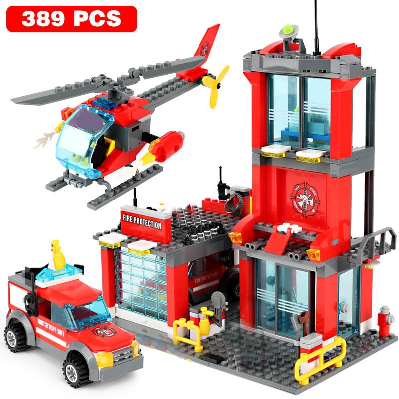 City Fire Station Building Blocks Mini Size Fire Engine Truck Blocks Firefighting Aircraft Helicopter Bricks Sets Toys For Kids