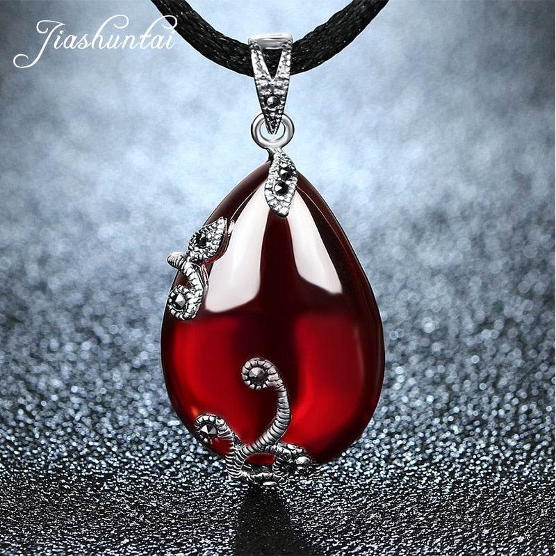 JIASHUNTAI Retro Red Garnet Gemstone 925 Silver Sterling Pendant Necklace Female Silver Jewelry For Women Flower Design