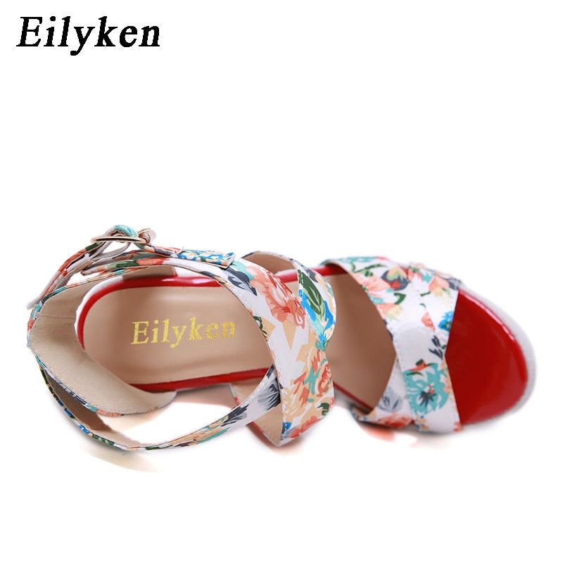 Eilyken Designer Hebilla Correa Plataforma Cuñas Sandalias de mujer Moda Seda Punta abierta Tacones altos Banquete Zapatos de fiesta