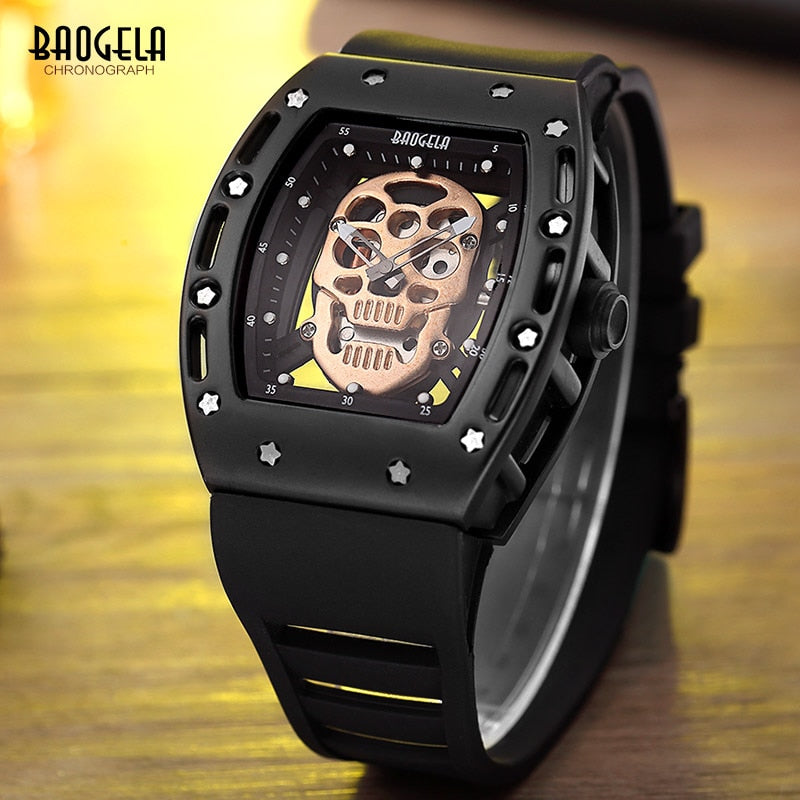 Baogela Moda Hombre Esqueleto Calavera Relojes de cuarzo luminosos Estilo militar Negro Silicona Rectángulo Dial Reloj de pulsera para Man1612