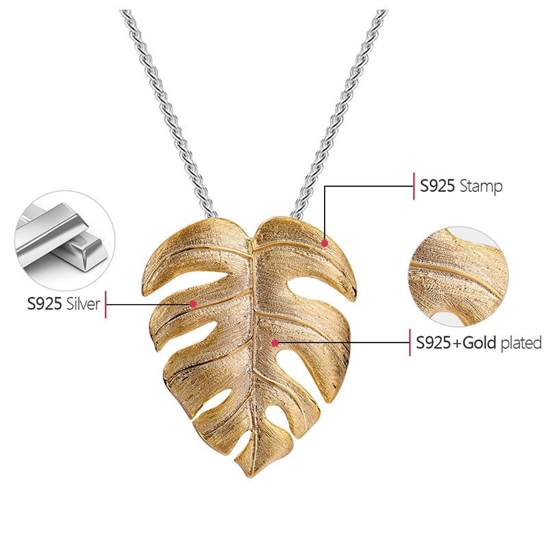 Lotus Fun Plata de Ley 925 auténtica joyería fina hecha a mano oro de 18 quilates diseño de hojas de Monstera colgante sin collar para regalo de mujer