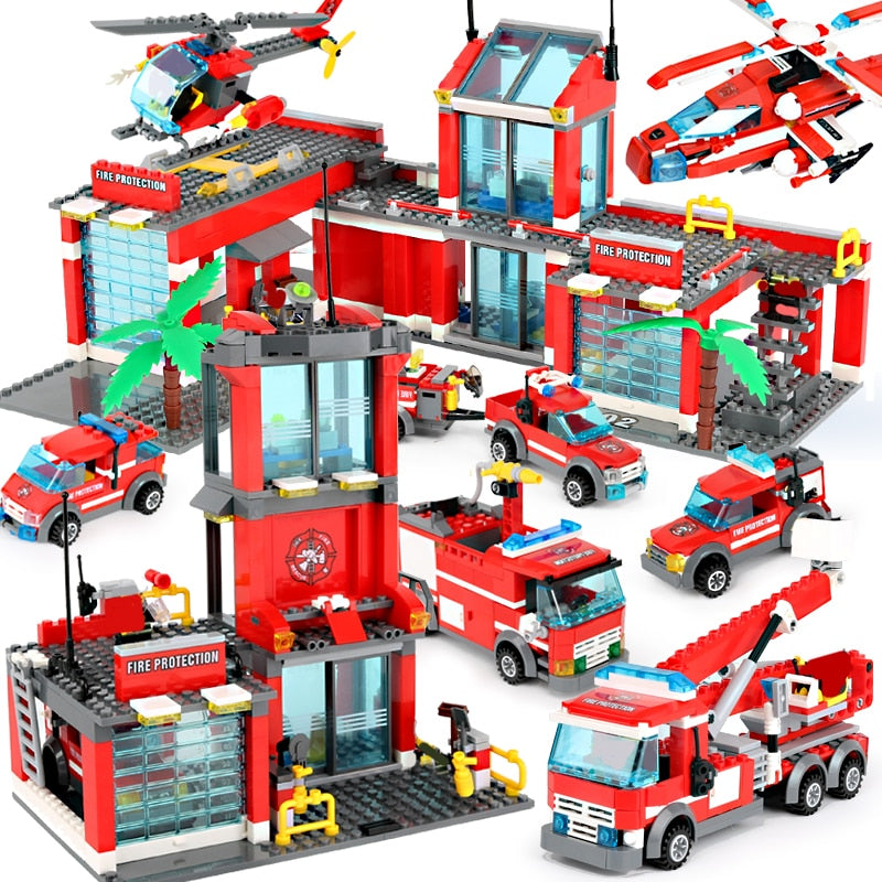 City Fire Station Building Blocks Mini Size Fire Engine Truck Blocks Firefighting Aircraft Helicopter Bricks Sets Toys For Kids