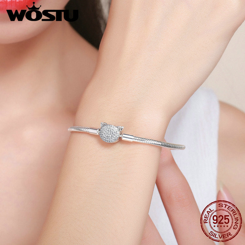 WOSTU Authentisches 100% 925 Sterling Silber Nette Katze Glitzernde CZ Schlangenkette Armbänder Armreif für Frauen Silberschmuck