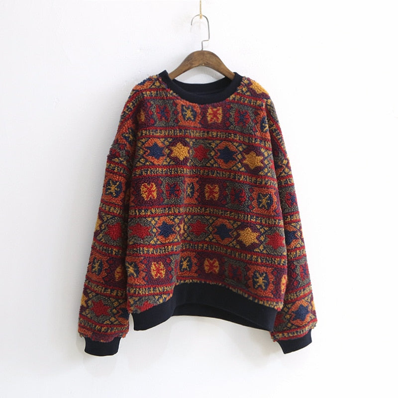 GEMUTLICH Over Size Women Print Hoodies Vintage Casual Pullover O-Neck Sweatshirt Autumn Winter Loose Top