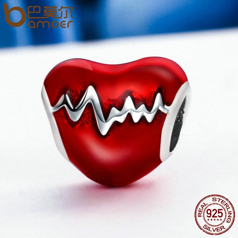 BAMOER New Arrival 100% 925 Sterling Silver Love Heart ECG &amp; Red Enamel Beads fit Charm Bracelets for Women Jewelry Gift SCC249