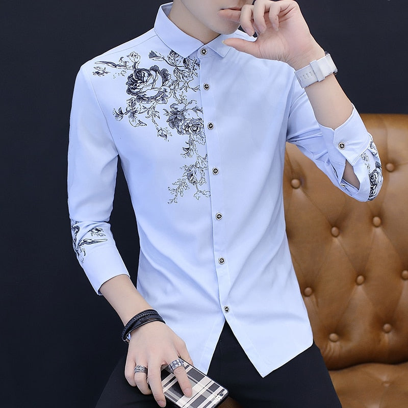 2021 Spring and Autumn Men&#39;s Long Sleeve Shirt Fashion Casual Rose Pattern Print Shirt Men&#39;s Business Social Banquet Slim Shirt