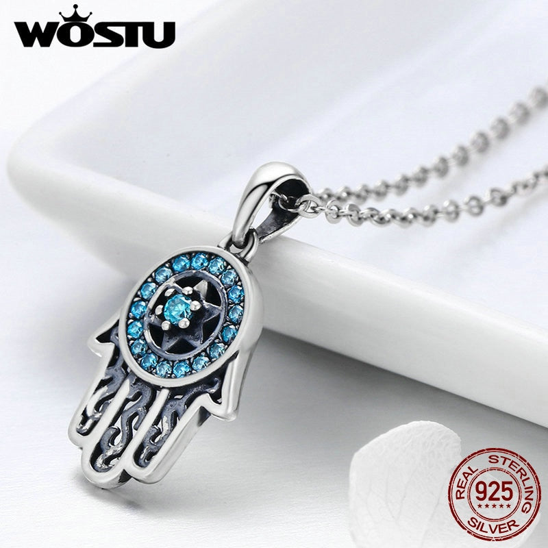 WOSTU Real 925 Sterling Silber Hand von Fatima Hamsa Anhänger Choker Halskette für Frauen Mode Bijoux Schmuck Geschenk CQN264