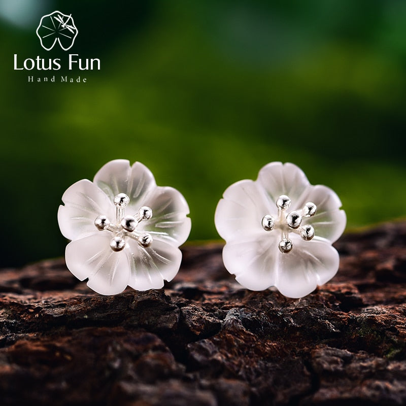 Lotus Fun Ohrringe aus echtem 925er Sterlingsilber, natürliche Kristalledelsteine, feiner Schmuck, Blume im Regen, Ohrstecker für Frauen Brincos