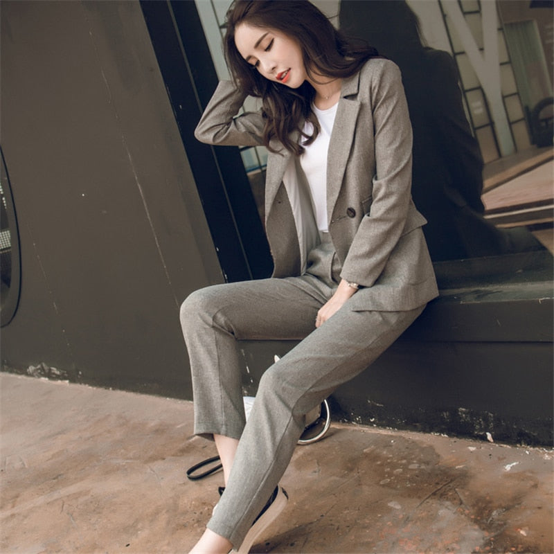 BGTEEVER Women Trousers Suit Casual Buttons Jacket & High Waist Pencil Pant Female 2 Pieces Blazer Set Elegant Pant Suit Women