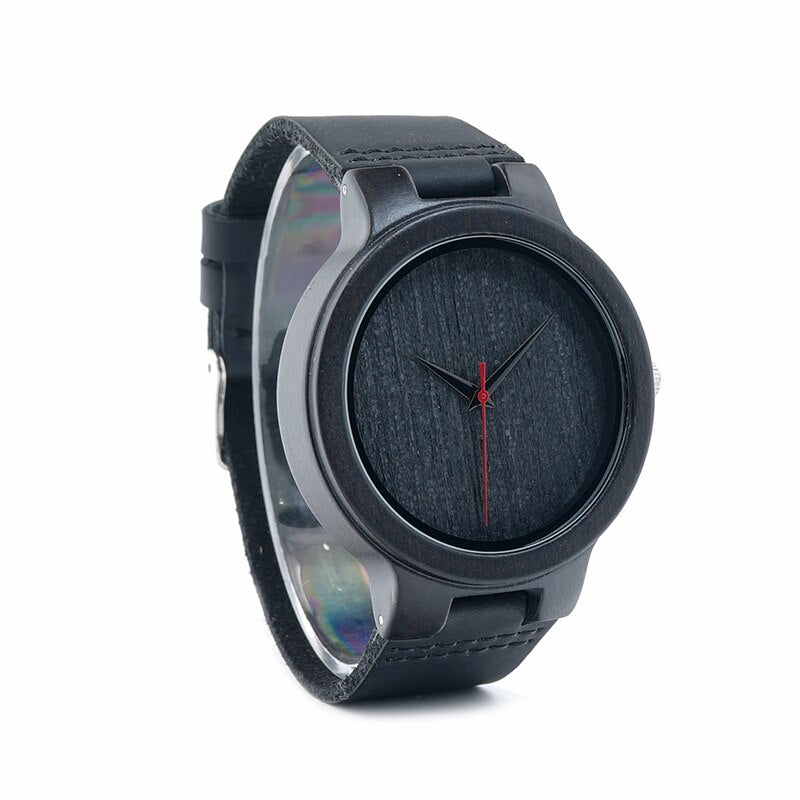 BOBO BIRD WC22 Ebony Wood Watch With Red Pointer Leather Band Japan Miyota 2035 Movement Quartz Watches For Men Women