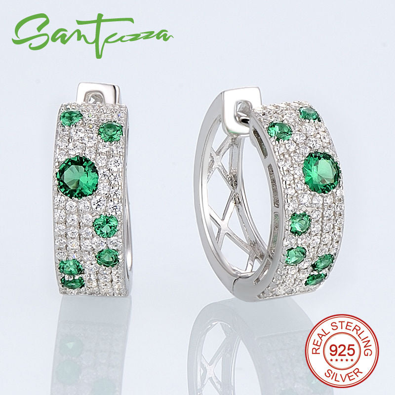 SANTUZZA Schmuckset für Damen, authentisches 100 % 925er Sterlingsilber, schimmernde Wish Green CZ-Ohrringe, Ring-Set, Modeschmuck