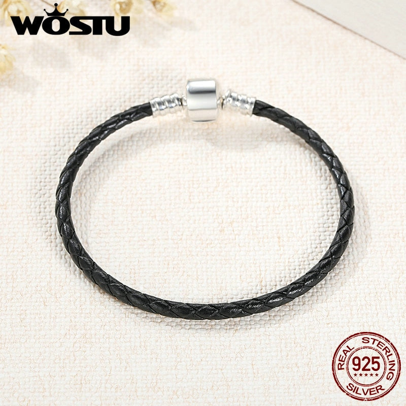 2019 New 100% 925 Sterling Silver & Real Black Leather Chain Charm Fit  Bracelet For Women Men Original Fine Jewelry XCHS911