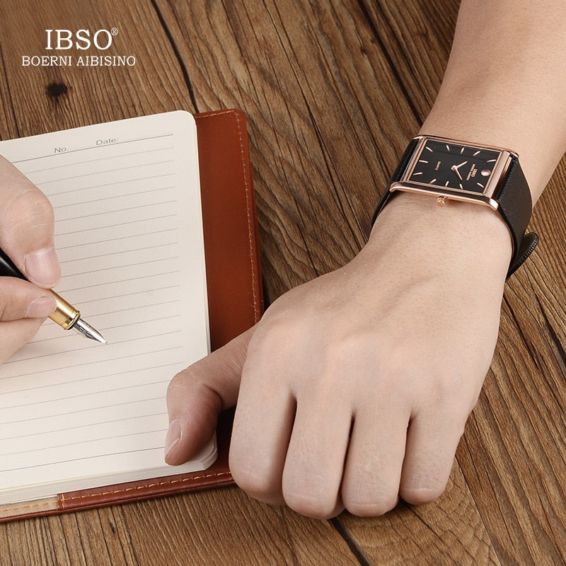 IBSO ultradünnes rechteckiges Zifferblatt Herrenuhren weiches Lederband Quarz Armbanduhr klassische Business-Uhr Herren Relogio Masculino