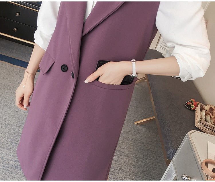 2022 New Spring Elegant Purple Women's Vest Office Lady Korean Long Sleeveless Jacket Fashion Slim Black Female Coat Veste Femme