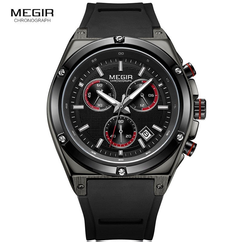 Megir Männer Schwarz Silikon Sport Quarz Armbanduhren Leuchtende Uhren Uhren Wasserdichte Chronograph Uhr Montres Q2073G-BK-1