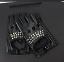 2019 Fashion Half Finger Gloves Women PU Leather Fingerless Driving Gloves Rivet Hollow Dancing Guante For Men Black white Luvas