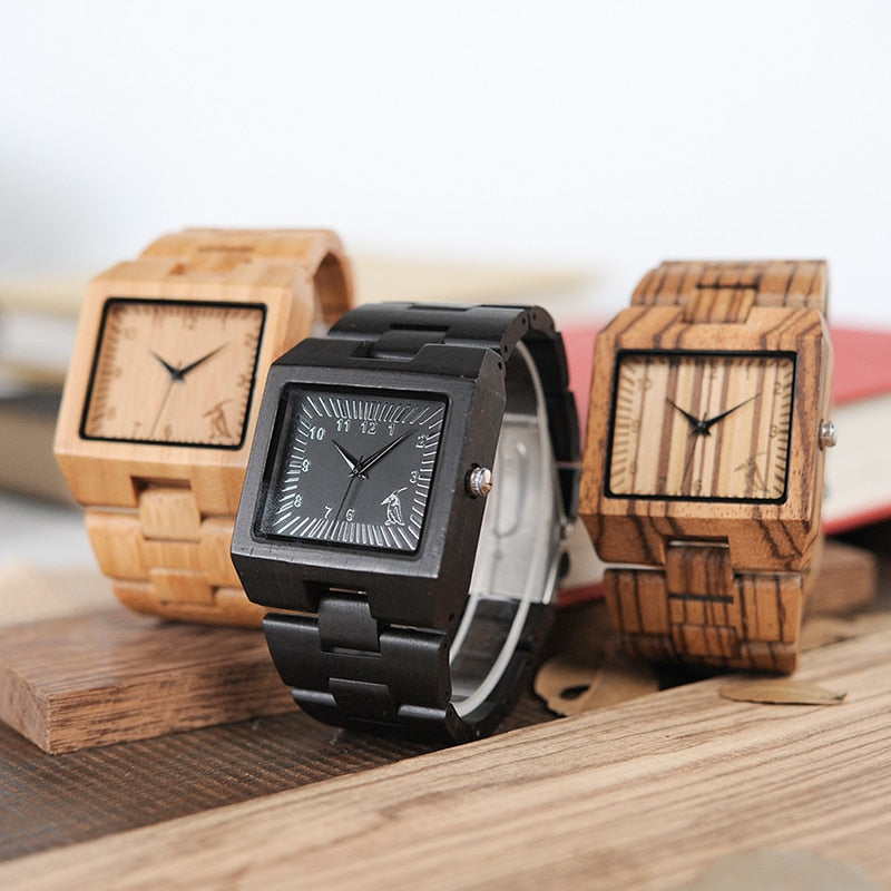 Relojes BOBO BIRD de madera de bambú para hombre, relojes de marca de lujo de diseño rectangular, reloj de banda de madera para hombre