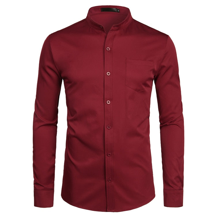 Camisas de vestir azul real para hombre, camisa de cuello mandarín con bandas de marca 2022, camisa informal de manga larga con botones y bolsillo 2XL para hombre