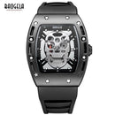 Baogela Fashion Mens Skeleton Skull Luminous Quartz Watches Military Style Black Silicone Rectangle Dial Wristwatch for Man1612