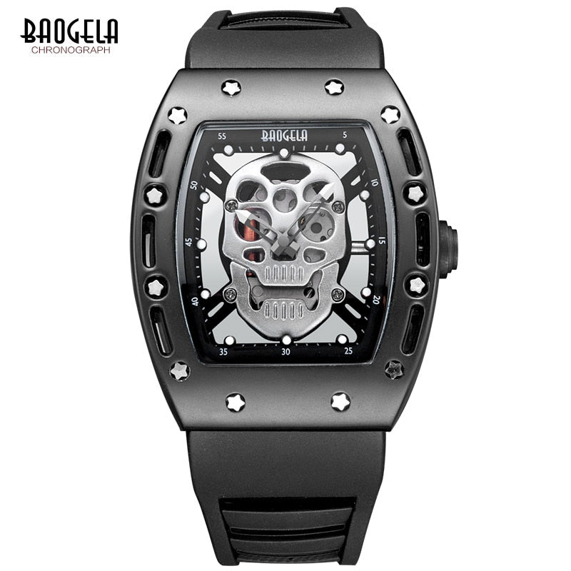 Baogela Moda Hombre Esqueleto Calavera Relojes de cuarzo luminosos Estilo militar Negro Silicona Rectángulo Dial Reloj de pulsera para Man1612