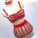 100% Handcrafted Heavy Duty 4 Row Caged Bra PU Leather Women Harness Bondage Chest Lingerie Bra Belt Skirt Harness Waist Belt