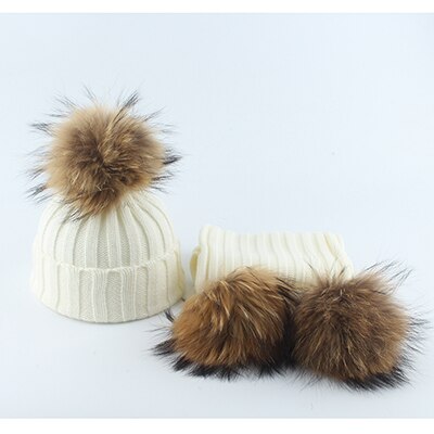 Gorro con pompón de piel auténtica para niños, gorro de punto cálido y bufanda, gorro de invierno para niños y niñas