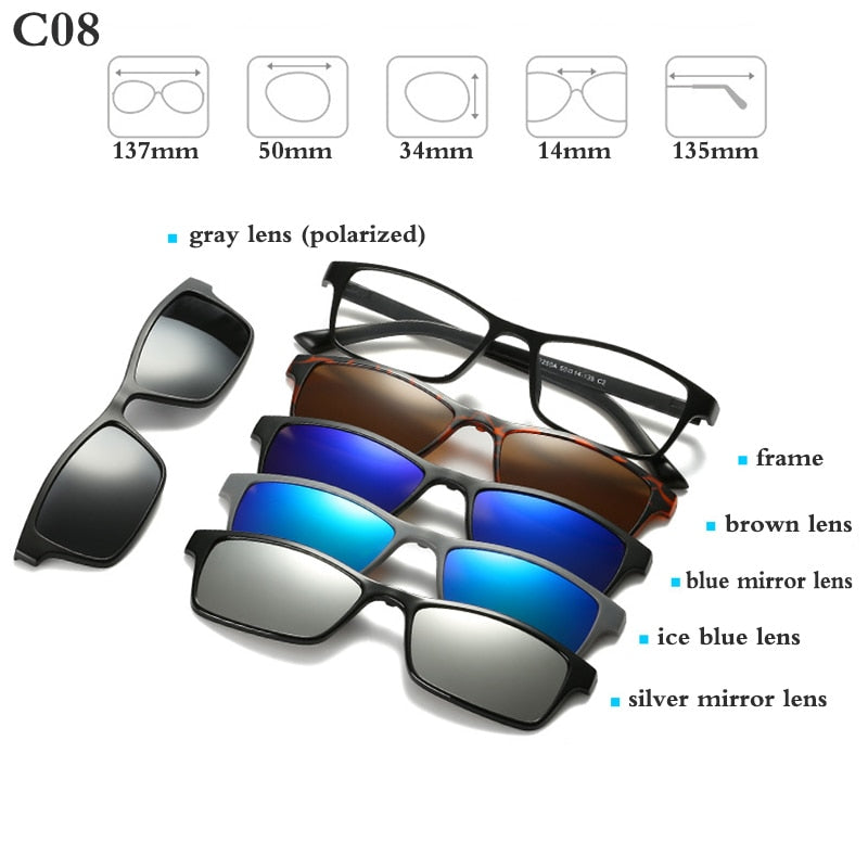 Fashion Optical Spectacle Frame Men Women With 5 Clip On Sunglasses Polarized Magnetic Glasses For Male Myopia Eyeglasses RS159