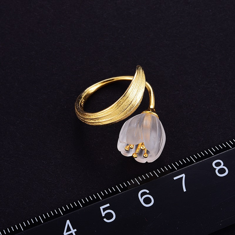 Anillo de oro de 18 quilates de Plata de Ley 925 auténtica de Lotus Fun, joyería fina hecha a mano de cristal Natural, anillos de flores de lirio de los valles para mujer