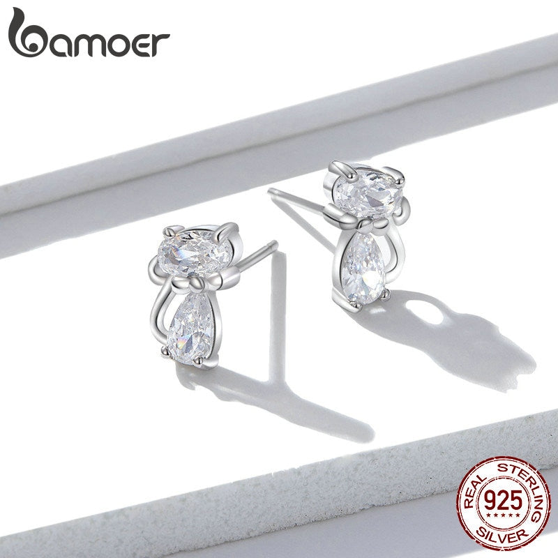 bamoer Cat Silver Stud Earrings Sterling Silver 925 Clear CZ Cute Animal Ohrringe Hypoallergenic Female Gift  Brincos BSE206