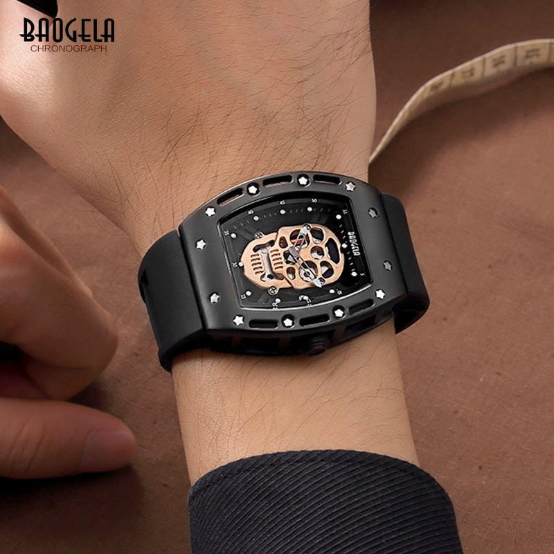 Baogela Fashion Mens Skeleton Skull Luminous Quartz Watches Military Style Black Silicone Rectangle Dial Armbanduhr für Man1612