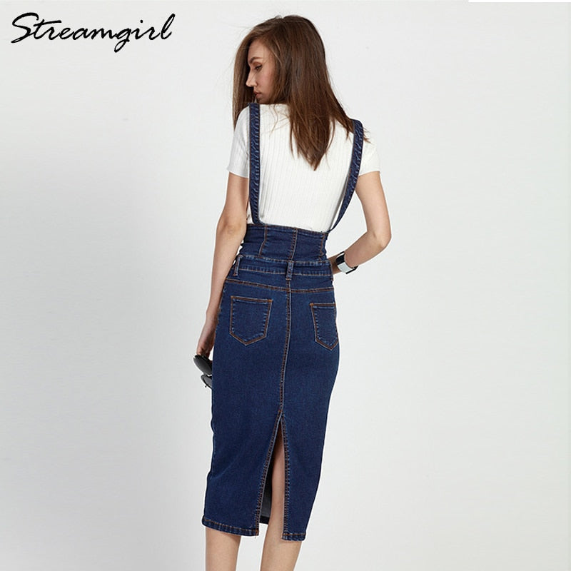 Streamgirl Long Denim Skirt With Straps Women Button Jeans Skirts Long High Waist Pencil Skirt Denim Skirts Womens