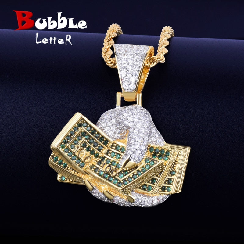 Hand Money Dollar Necklace &amp; Pendant  Gold Color AAA Cubic Zircon Hip Hop Rock Jewelry