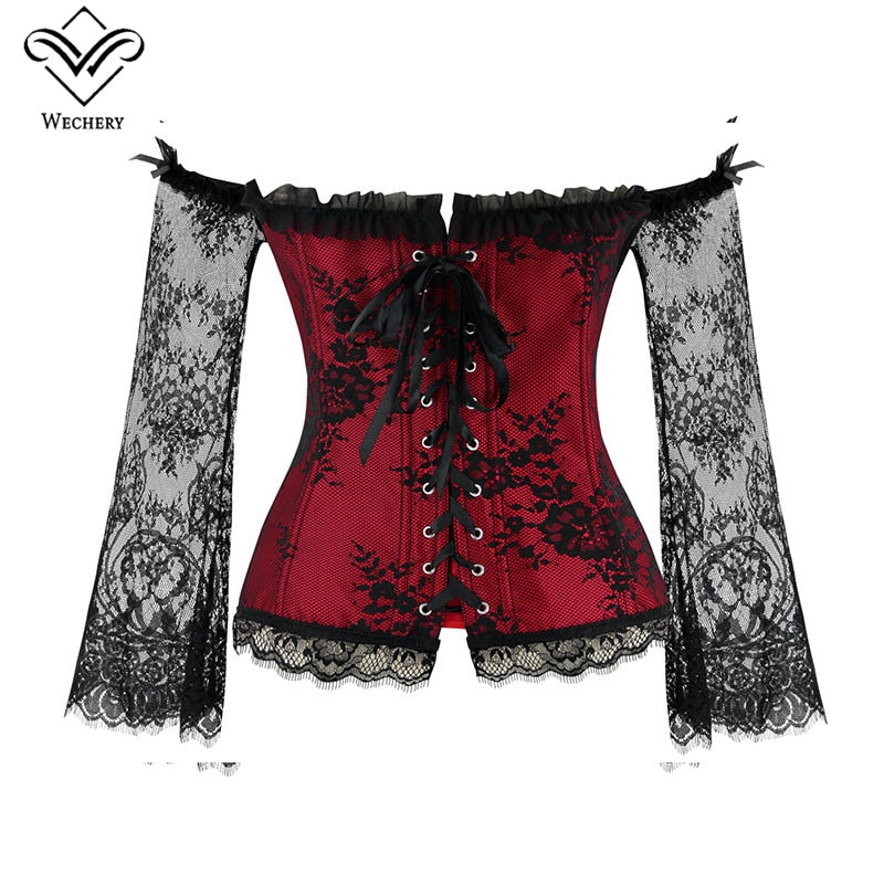 Women Halloween Steampunk Corset Sexy Bodice Long Sleeve Red Corselet Lace Up Bustier Party Club Wedding Tops Plus Size S-6XL