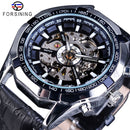Forsining Waterproof Golden Black Skeleton Clock Two Button Decoration Mechanical Wrist Watches for Men Black Genuine Leather