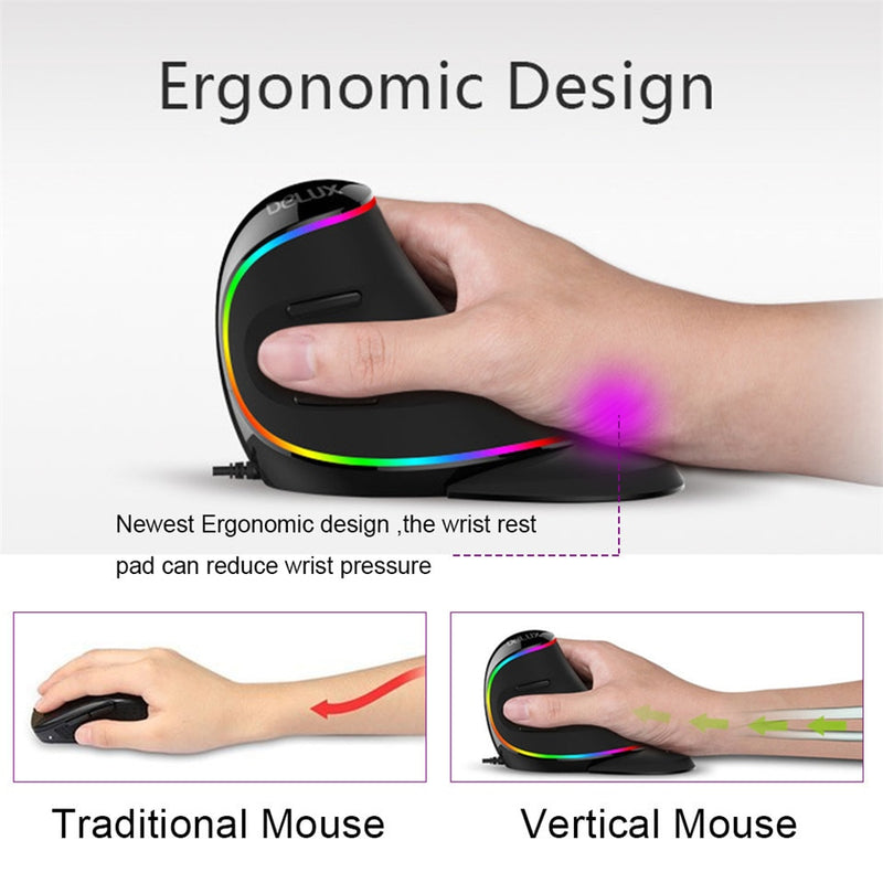 Delux Ergonomics Vertical Gaming Wired Mouse RGB / Color único / Inalámbrico 6 Botones 4000 DPI Ratón óptico RGB Inalámbrico Mano derecha