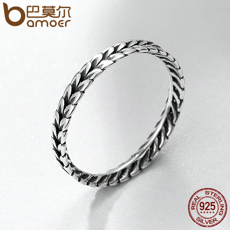 BAMOER Authentic 925 Sterling Silver Stackable Ring Wheat Shape Arrow Finger Ring Women Vintage Sterling Silver Jewelry SCR139